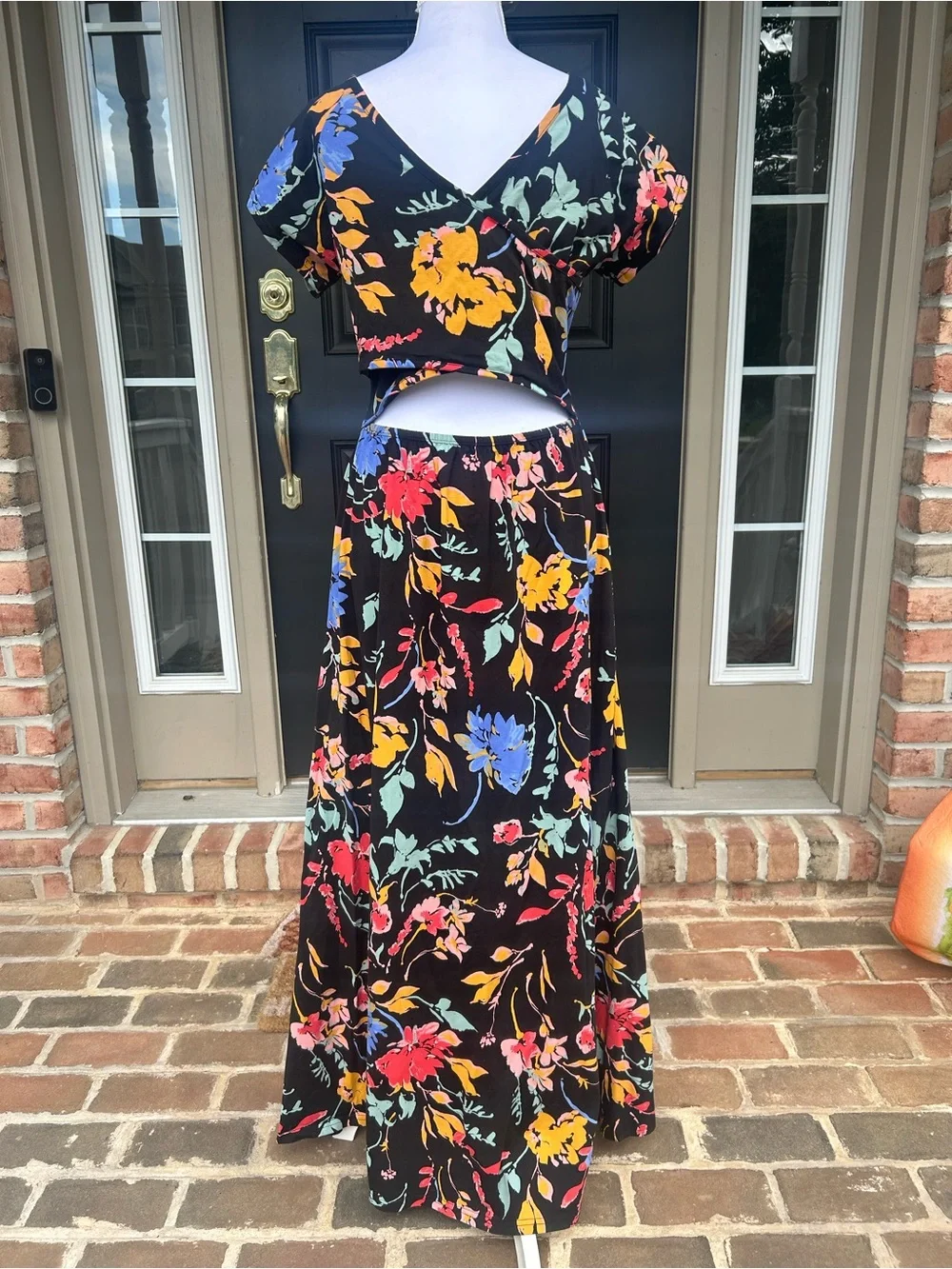 Pact Fit and Flare Crossback Maxi Dress Nightfall Blooms Black Floral Cotton XL